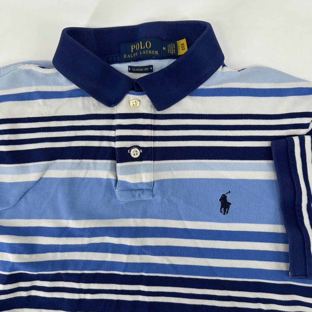 Polo Ralph Lauren Polo Shirt Mens M Blue Striped Classic Fit Short Sleeve Pony